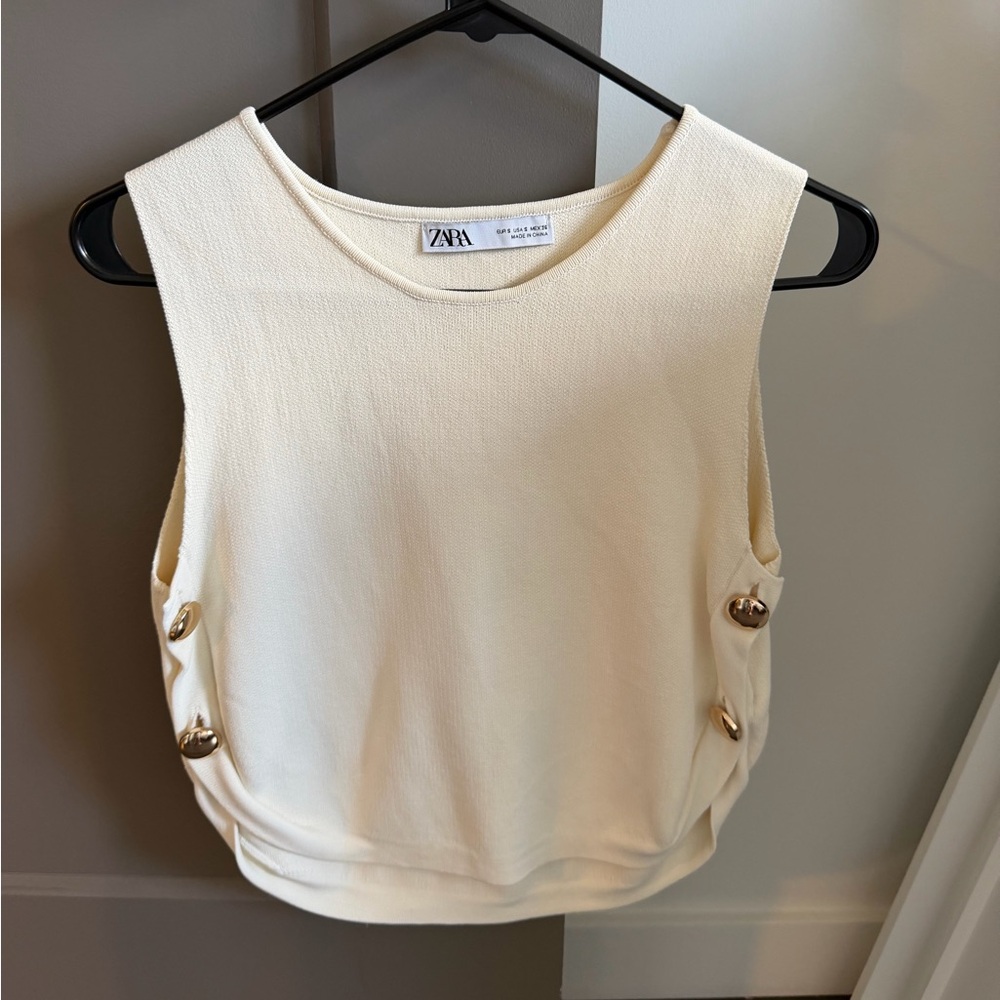 Zara Cream Sleeveless Tank with Gold Button Details